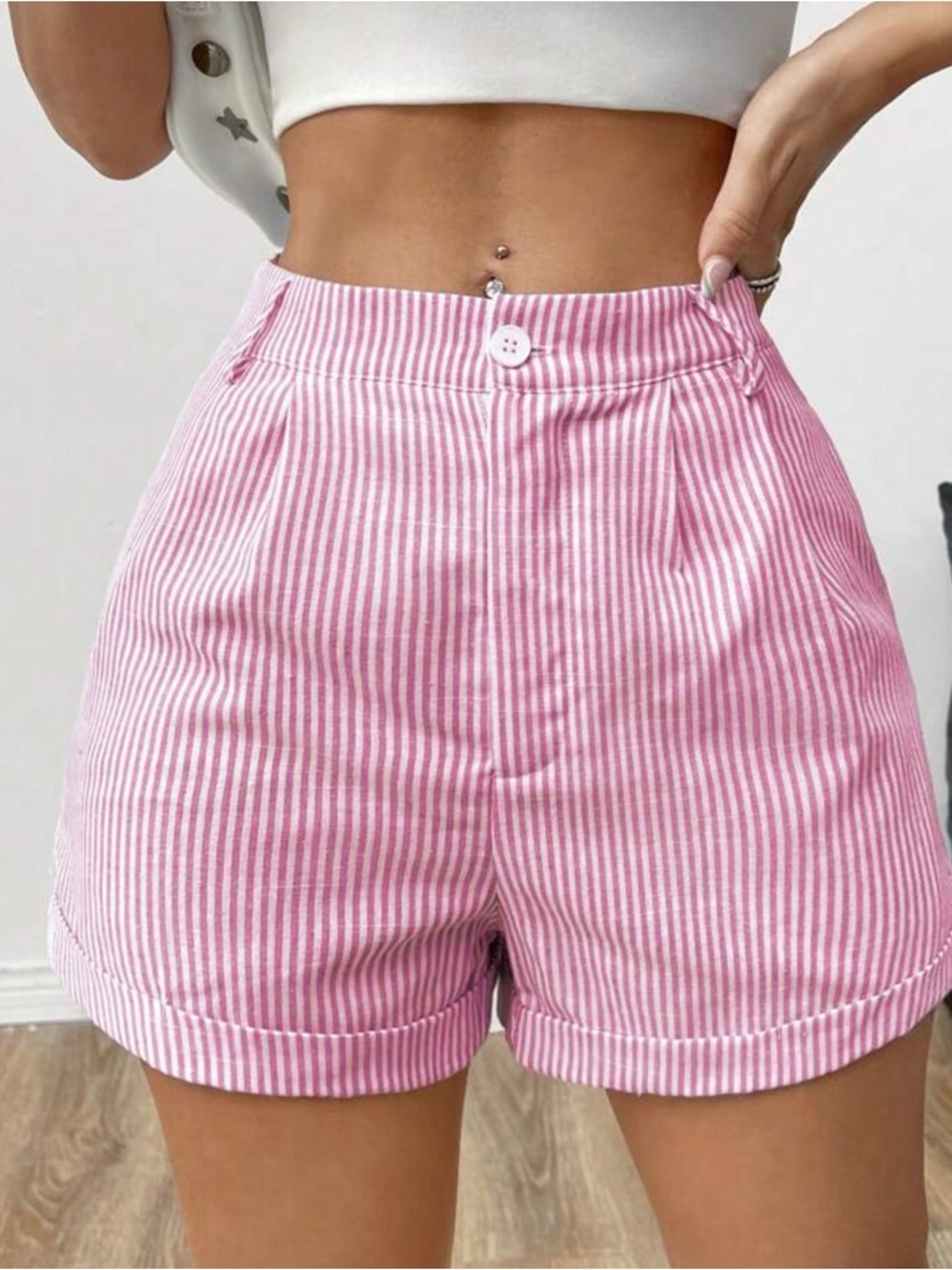 High-Waist Pink Striped Women's Shorts - L